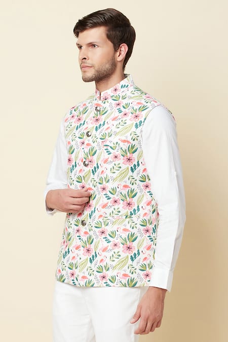 Shop_Spring Break_White Linen Printed Bundi _Online_at_Aza_Fashions