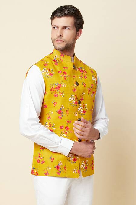 Spring Break Yellow Linen Printed Bundi Online at Aza Fashions Spring Break_Yellow Linen Printed Bundi _Online_at_Aza_Fashions