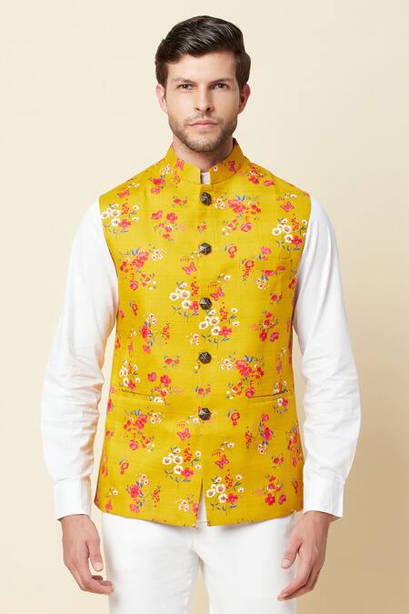 Shop Spring Break Yellow Linen Printed Bundi Online at Aza Fashions Shop_Spring Break_Yellow Linen Printed Bundi _Online_at_Aza_Fashions