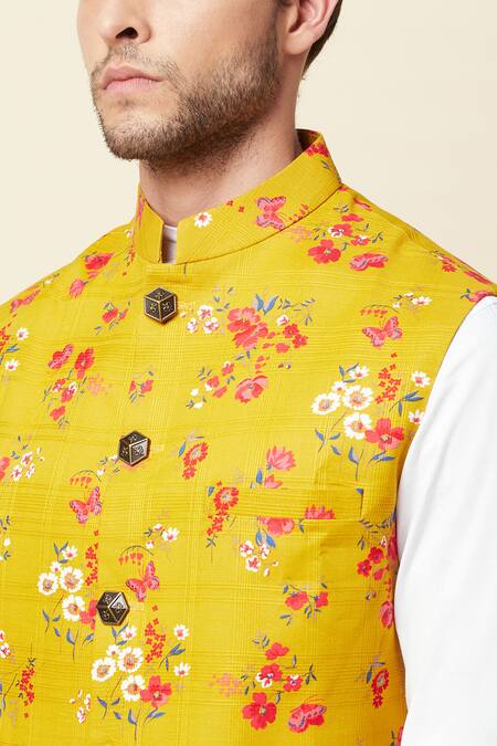 Spring Break Yellow Linen Printed Bundi at Aza Fashions Spring Break_Yellow Linen Printed Bundi _at_Aza_Fashions