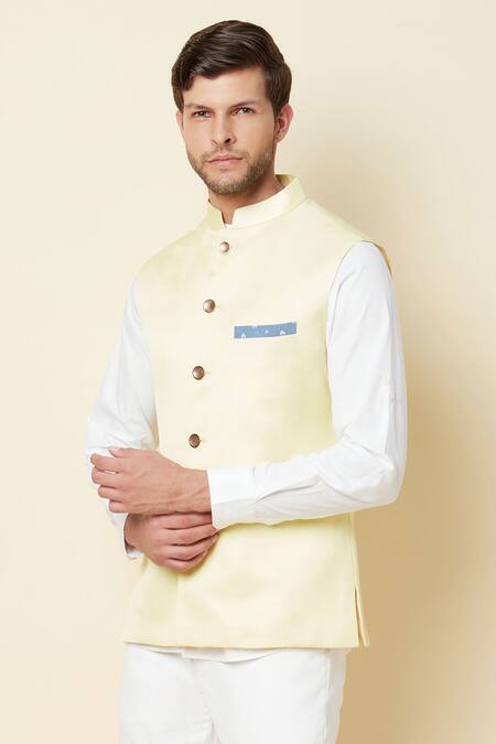 Buy_Spring Break_Yellow Polyester Button Down Bundi _Online_at_Aza_Fashions