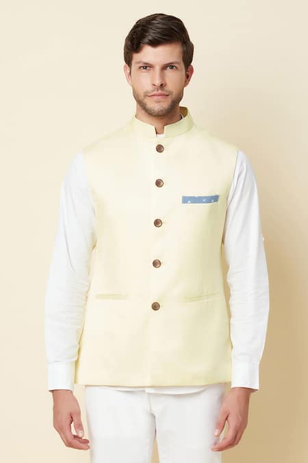 Shop_Spring Break_Yellow Polyester Button Down Bundi _Online_at_Aza_Fashions