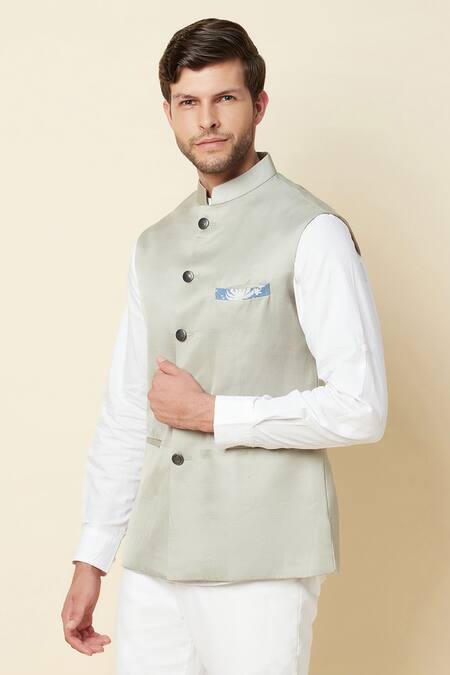 Shop_Spring Break_Grey Polyester Button Down Bundi _Online_at_Aza_Fashions