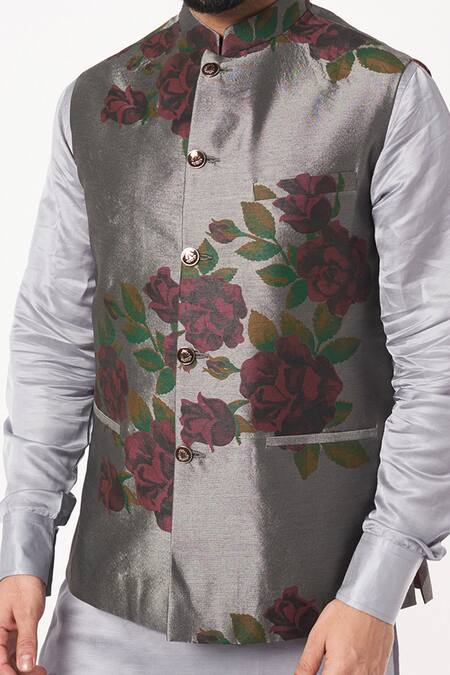 Spring Break_Grey Cotton Floral Print Bundi _Online_at_Aza_Fashions