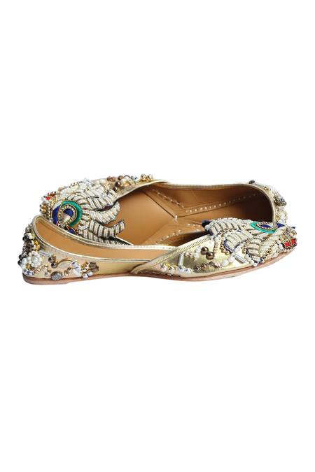 Shop_5elements_Gold Peacock Bead Embroidered Juttis _at_Aza_Fashions