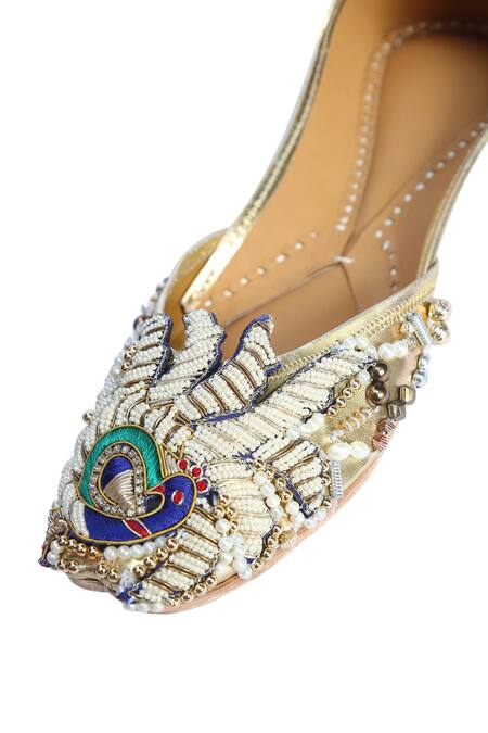Shop_5elements_Gold Peacock Bead Embroidered Juttis _Online_at_Aza_Fashions