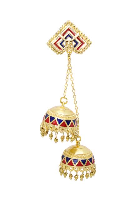 Shop_Belsi's_Blue Enamel And Beads Drop Long Jhumkis_at_Aza_Fashions