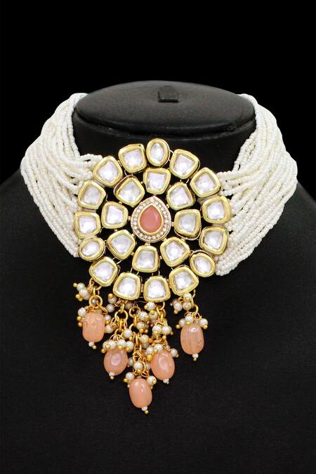 BelsI'S_Gold Plated Kundan Polki Pendant Choker Set_Online_at_Aza_Fashions