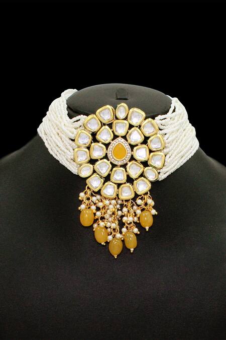 BelsI'S_Gold Plated Kundan Polki Pendant Choker Set_Online_at_Aza_Fashions