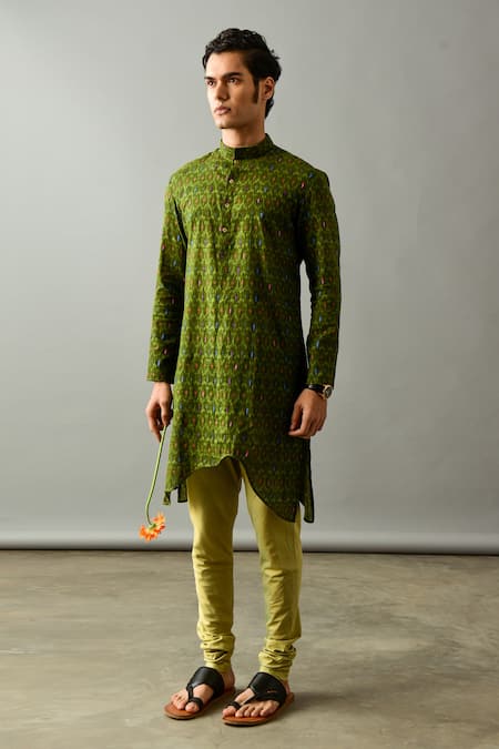 Agape_Green Cotton Thread Asymmetric Kurta Set_Online_at_Aza_Fashions