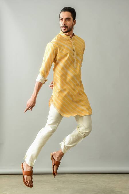 Agape_Yellow Linen Leheriya Print Kurta Set_Online_at_Aza_Fashions
