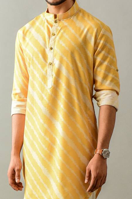 Buy_Agape_Yellow Linen Leheriya Print Kurta Set_Online_at_Aza_Fashions
