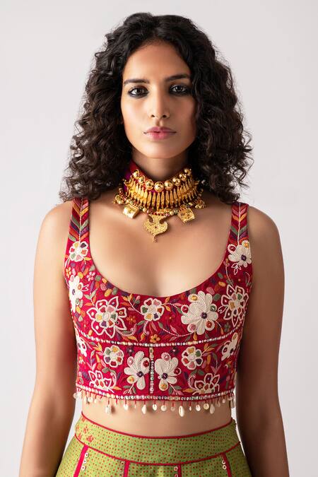 Buy_Aseem Kapoor_Pink Natural Raw Silk U Neck Kalpa Floral Embroidered Cropped Blouse _Online_at_Aza_Fashions