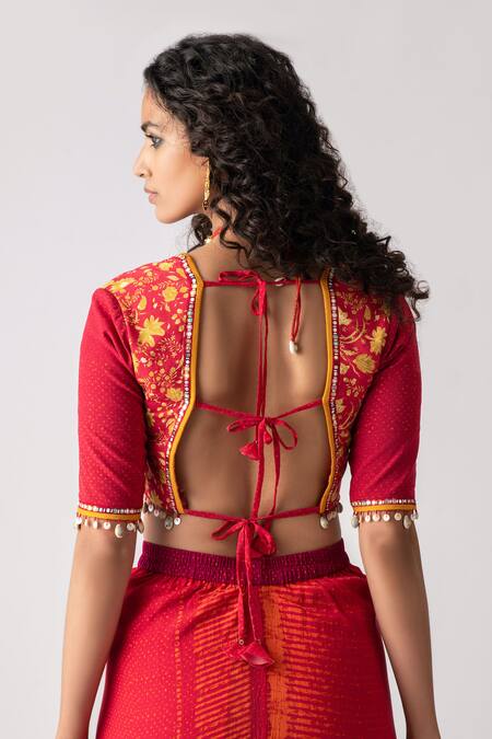 Shop Aseem Kapoor Multi Color Slub Linen V Neck Maya Cropped Blouse at Aza Fashions Shop_Aseem Kapoor_Multi Color Slub Linen V Neck Maya Cropped Blouse_at_Aza_Fashions