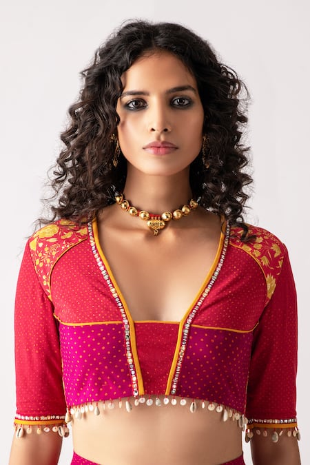 Aseem Kapoor Multi Color Slub Linen V Neck Maya Cropped Blouse Online at Aza Fashions Aseem Kapoor_Multi Color Slub Linen V Neck Maya Cropped Blouse_Online_at_Aza_Fashions