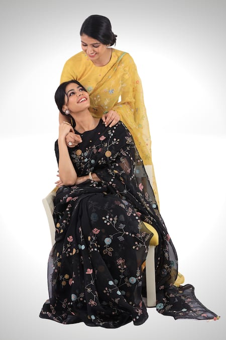 Buy_I Am Design_Black Raw Silk Aari Crew Neck Embroidered Blouse _Online_at_Aza_Fashions