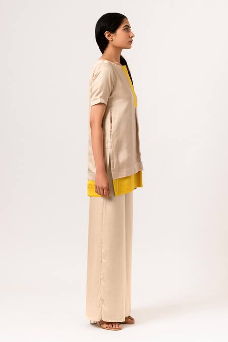 Neora By Nehal Chopra Beige Sustainable Silk Round Color Block Panelled Top Online at Aza Fashions Neora By Nehal Chopra_Beige Sustainable Silk Round Color Block Panelled Top _Online_at_Aza_Fashions