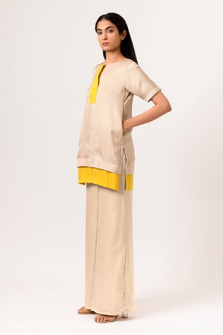 Buy Neora By Nehal Chopra Beige Sustainable Silk Round Color Block Panelled Top Online at Aza Fashions Buy_Neora By Nehal Chopra_Beige Sustainable Silk Round Color Block Panelled Top _Online_at_Aza_Fashions