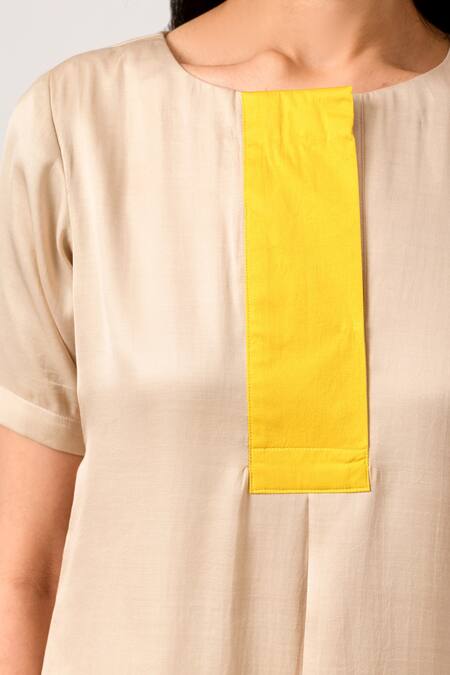 Shop Neora By Nehal Chopra Beige Sustainable Silk Round Color Block Panelled Top Online at Aza Fashions Shop_Neora By Nehal Chopra_Beige Sustainable Silk Round Color Block Panelled Top _Online_at_Aza_Fashions