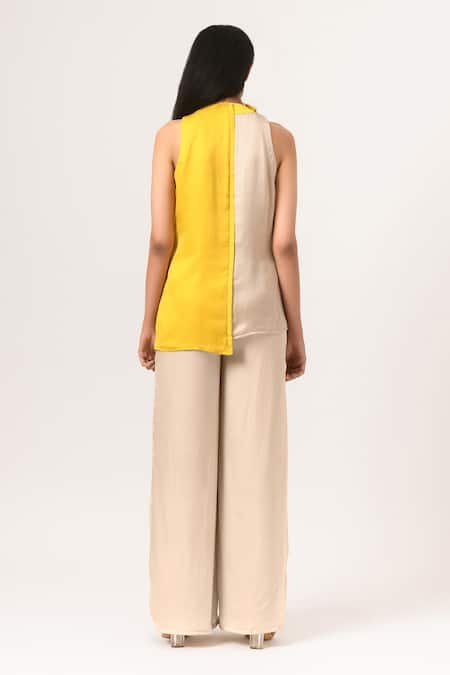 Shop Neora By Nehal Chopra Beige Sustainable Silk Band Collar High-low Hem Top at Aza Fashions Shop_Neora By Nehal Chopra_Beige Sustainable Silk Band Collar High-low Hem Top _at_Aza_Fashions