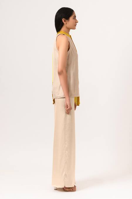 Neora By Nehal Chopra Beige Sustainable Silk Band Collar High-low Hem Top Online at Aza Fashions Neora By Nehal Chopra_Beige Sustainable Silk Band Collar High-low Hem Top _Online_at_Aza_Fashions