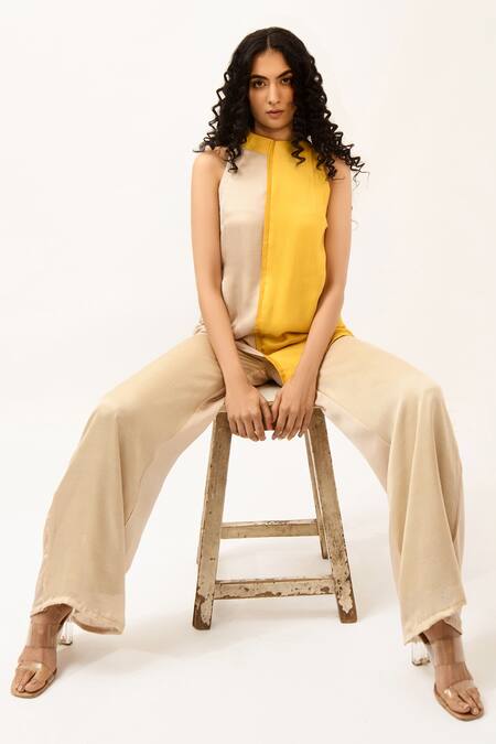 Buy Neora By Nehal Chopra Beige Sustainable Silk Band Collar High-low Hem Top Online at Aza Fashions Buy_Neora By Nehal Chopra_Beige Sustainable Silk Band Collar High-low Hem Top _Online_at_Aza_Fashions