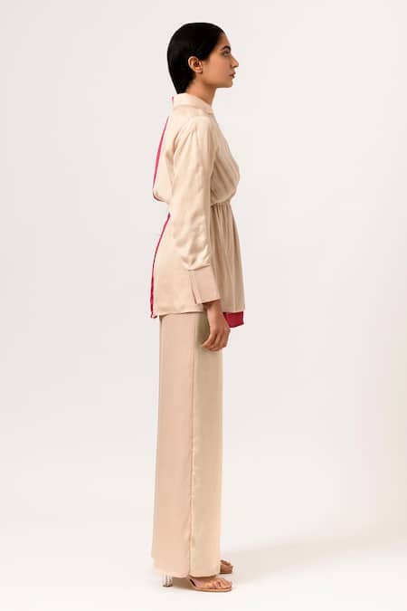 Neora By Nehal Chopra Beige Sustainable Silk Collared Neck Full Sleeve Color Block Top Online at Aza Fashions Neora By Nehal Chopra_Beige Sustainable Silk Collared Neck Full Sleeve Color Block Top _Online_at_Aza_Fashions