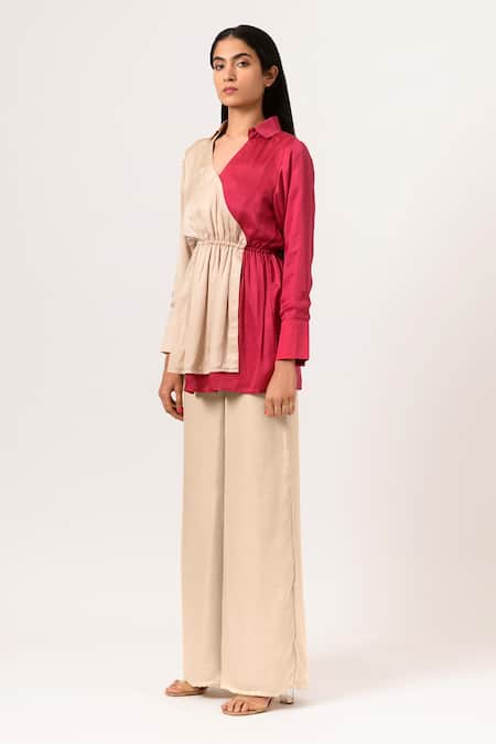 Buy Neora By Nehal Chopra Beige Sustainable Silk Collared Neck Full Sleeve Color Block Top Online at Aza Fashions Buy_Neora By Nehal Chopra_Beige Sustainable Silk Collared Neck Full Sleeve Color Block Top _Online_at_Aza_Fashions