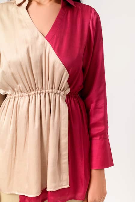 Shop Neora By Nehal Chopra Beige Sustainable Silk Collared Neck Full Sleeve Color Block Top Online at Aza Fashions Shop_Neora By Nehal Chopra_Beige Sustainable Silk Collared Neck Full Sleeve Color Block Top _Online_at_Aza_Fashions