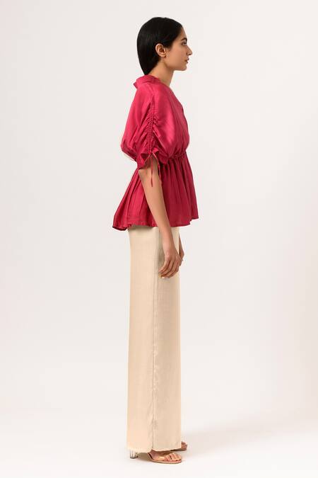 Neora By Nehal Chopra Beige Sustainable Silk Collared Neck Color Block Half Sleeve Top Online at Aza Fashions Neora By Nehal Chopra_Beige Sustainable Silk Collared Neck Color Block Half Sleeve Top _Online_at_Aza_Fashions