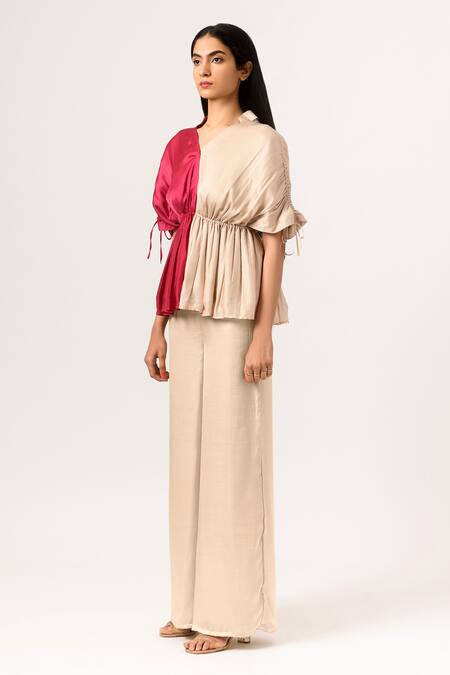 Buy Neora By Nehal Chopra Beige Sustainable Silk Collared Neck Color Block Half Sleeve Top Online at Aza Fashions Buy_Neora By Nehal Chopra_Beige Sustainable Silk Collared Neck Color Block Half Sleeve Top _Online_at_Aza_Fashions