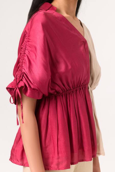 Neora By Nehal Chopra Beige Sustainable Silk Collared Neck Color Block Half Sleeve Top at Aza Fashions Neora By Nehal Chopra_Beige Sustainable Silk Collared Neck Color Block Half Sleeve Top _at_Aza_Fashions