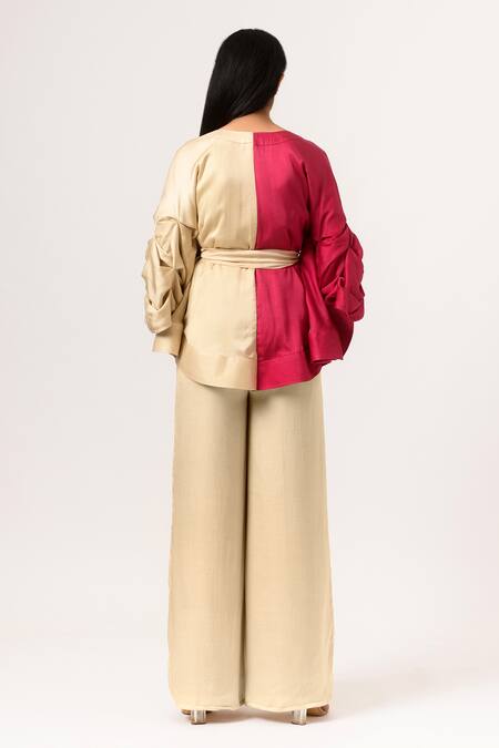 Shop Neora By Nehal Chopra Beige Sustainable Silk V Neck Batwing Sleeve Top at Aza Fashions Shop_Neora By Nehal Chopra_Beige Sustainable Silk V Neck Batwing Sleeve Top _at_Aza_Fashions