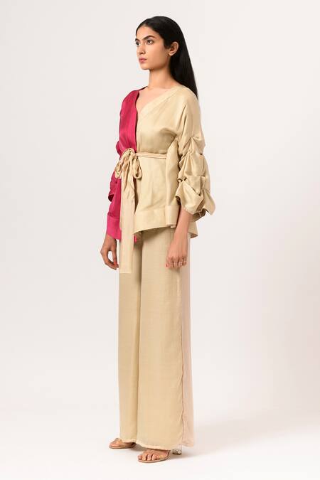 Buy Neora By Nehal Chopra Beige Sustainable Silk V Neck Batwing Sleeve Top Online at Aza Fashions Buy_Neora By Nehal Chopra_Beige Sustainable Silk V Neck Batwing Sleeve Top _Online_at_Aza_Fashions