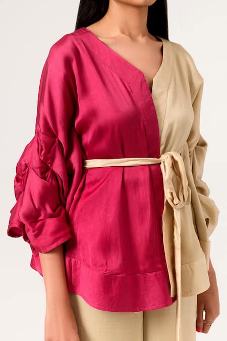 Shop Neora By Nehal Chopra Beige Sustainable Silk V Neck Batwing Sleeve Top Online at Aza Fashions Shop_Neora By Nehal Chopra_Beige Sustainable Silk V Neck Batwing Sleeve Top _Online_at_Aza_Fashions