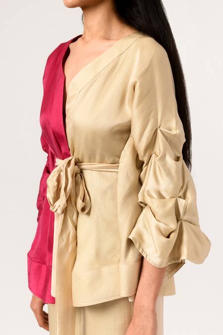 Neora By Nehal Chopra Beige Sustainable Silk V Neck Batwing Sleeve Top at Aza Fashions Neora By Nehal Chopra_Beige Sustainable Silk V Neck Batwing Sleeve Top _at_Aza_Fashions