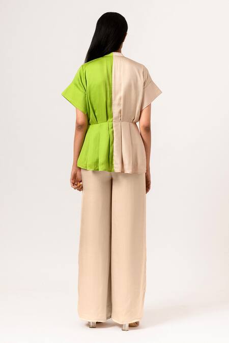 Shop Neora By Nehal Chopra Beige Sustainable Silk Band Collar Color Block Peplum at Aza Fashions Shop_Neora By Nehal Chopra_Beige Sustainable Silk Band Collar Color Block Peplum _at_Aza_Fashions