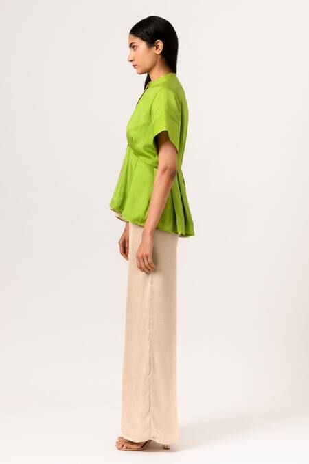 Buy Neora By Nehal Chopra Beige Sustainable Silk Band Collar Color Block Peplum Online at Aza Fashions Buy_Neora By Nehal Chopra_Beige Sustainable Silk Band Collar Color Block Peplum _Online_at_Aza_Fashions