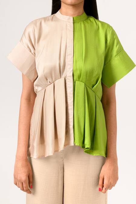Neora By Nehal Chopra Beige Sustainable Silk Band Collar Color Block Peplum at Aza Fashions Neora By Nehal Chopra_Beige Sustainable Silk Band Collar Color Block Peplum _at_Aza_Fashions