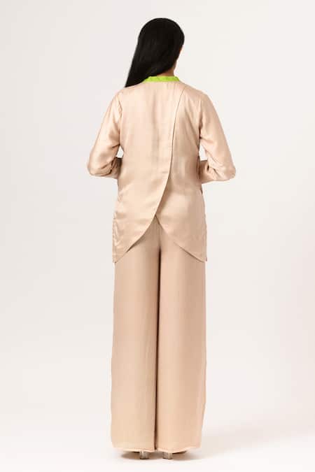 Shop Neora By Nehal Chopra Beige Sustainable Silk Band Collar Top at Aza Fashions Shop_Neora By Nehal Chopra_Beige Sustainable Silk Band Collar Top _at_Aza_Fashions