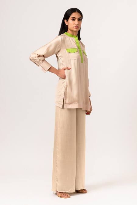 Neora By Nehal Chopra Beige Sustainable Silk Band Collar Top Online at Aza Fashions Neora By Nehal Chopra_Beige Sustainable Silk Band Collar Top _Online_at_Aza_Fashions