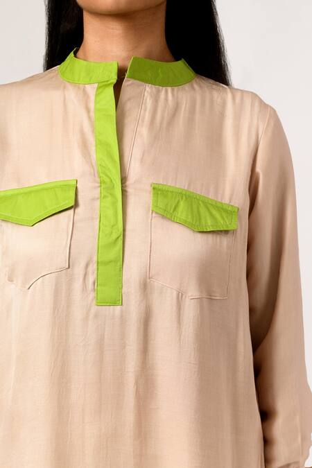 Shop Neora By Nehal Chopra Beige Sustainable Silk Band Collar Top Online at Aza Fashions Shop_Neora By Nehal Chopra_Beige Sustainable Silk Band Collar Top _Online_at_Aza_Fashions