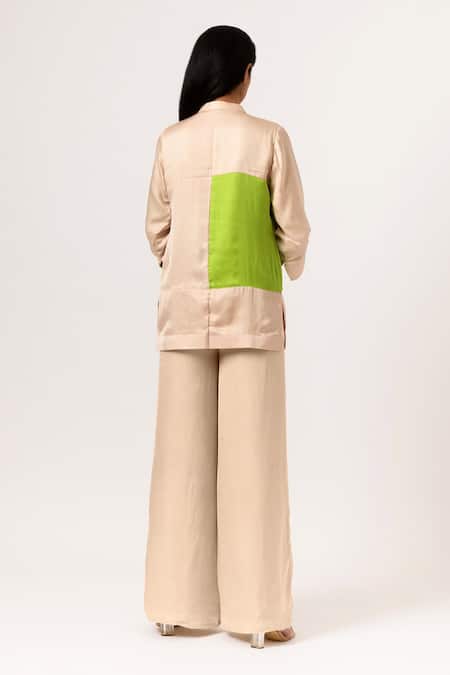 Shop Neora By Nehal Chopra Beige Sustainable Silk Band Collar Puff Sleeve Top at Aza Fashions Shop_Neora By Nehal Chopra_Beige Sustainable Silk Band Collar Puff Sleeve Top _at_Aza_Fashions