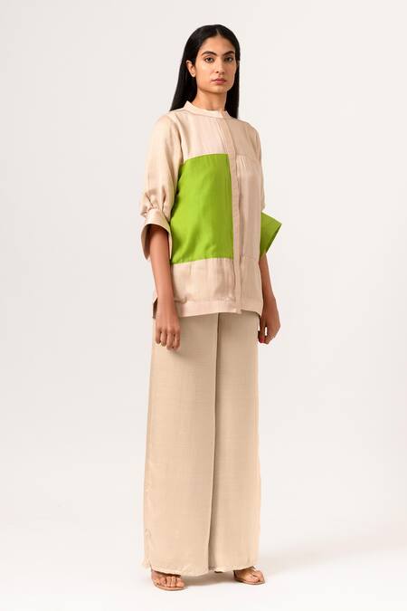 Neora By Nehal Chopra Beige Sustainable Silk Band Collar Puff Sleeve Top Online at Aza Fashions Neora By Nehal Chopra_Beige Sustainable Silk Band Collar Puff Sleeve Top _Online_at_Aza_Fashions