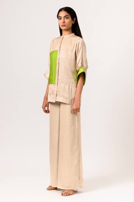 Buy Neora By Nehal Chopra Beige Sustainable Silk Band Collar Puff Sleeve Top Online at Aza Fashions Buy_Neora By Nehal Chopra_Beige Sustainable Silk Band Collar Puff Sleeve Top _Online_at_Aza_Fashions