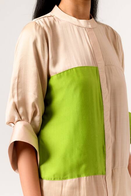 Shop Neora By Nehal Chopra Beige Sustainable Silk Band Collar Puff Sleeve Top Online at Aza Fashions Shop_Neora By Nehal Chopra_Beige Sustainable Silk Band Collar Puff Sleeve Top _Online_at_Aza_Fashions