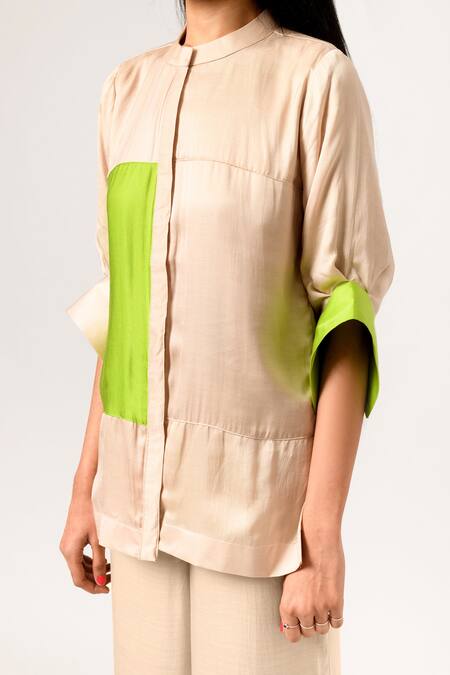 Neora By Nehal Chopra Beige Sustainable Silk Band Collar Puff Sleeve Top at Aza Fashions Neora By Nehal Chopra_Beige Sustainable Silk Band Collar Puff Sleeve Top _at_Aza_Fashions