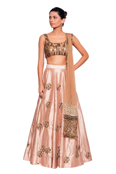 Salt And Spring Pink Net, Dupion Cutdana, Sequins Scoop Neck Floral Embroidered Lehenga Set 