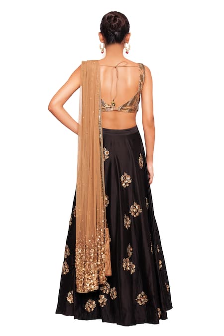 Shop Salt And Spring Black Net, Dupion Cutdana, Sequins Scoop Neck Floral Embroidered Lehenga Set at Aza Fashions Shop_Salt And Spring_Black Net, Dupion Cutdana, Sequins Scoop Neck Floral Embroidered Lehenga Set _at_Aza_Fashions