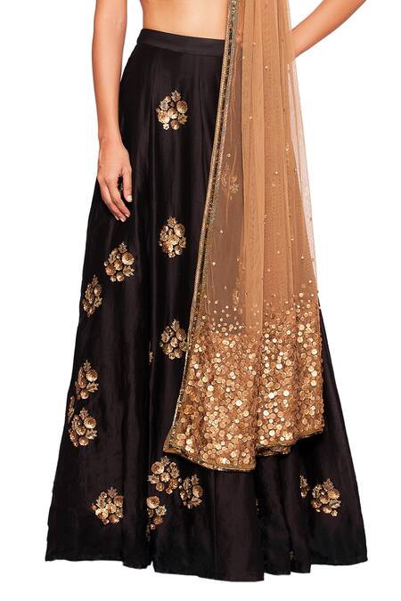 Salt And Spring Black Net, Dupion Cutdana, Sequins Scoop Neck Floral Embroidered Lehenga Set Online at Aza Fashions Salt And Spring_Black Net, Dupion Cutdana, Sequins Scoop Neck Floral Embroidered Lehenga Set _Online_at_Aza_Fashions